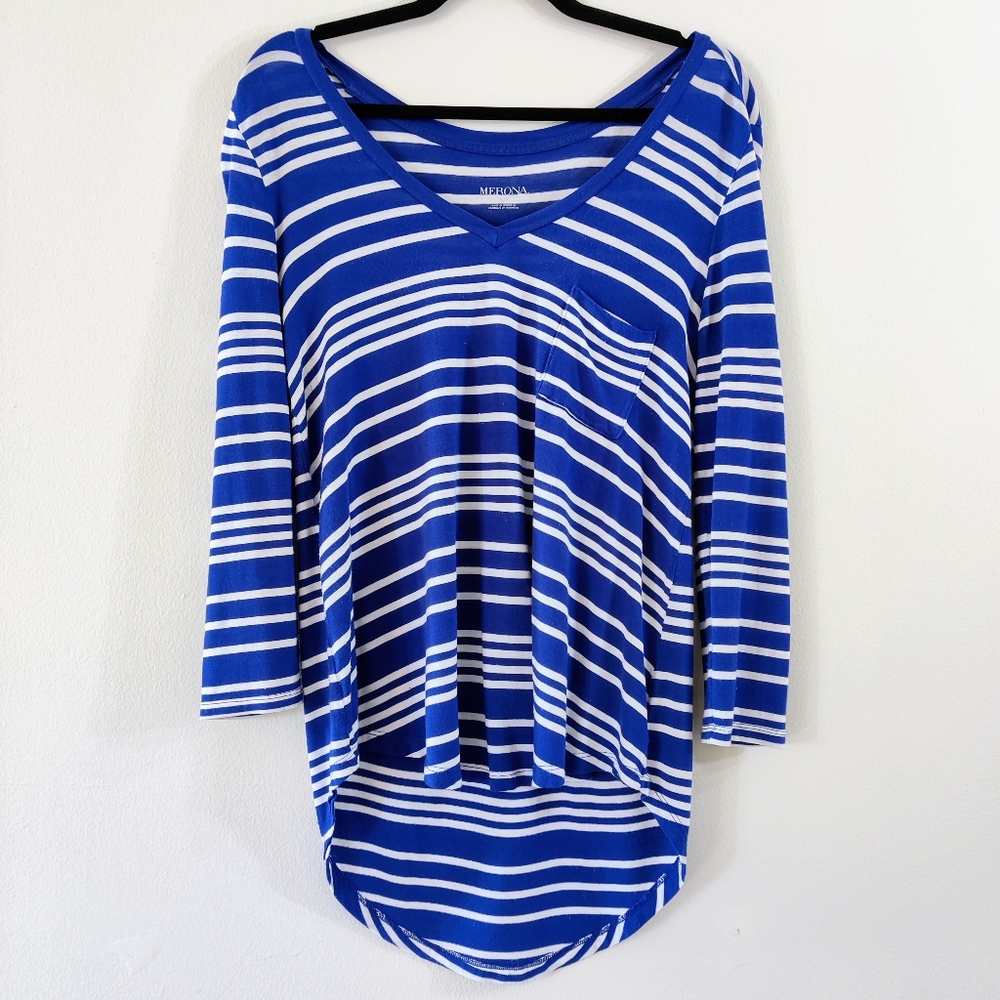 Merona Blue/White Striped V-Neck 3/4 Sleeve Tunic